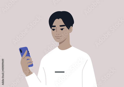 A young male Asian character using a mobile phone, millennial daily life