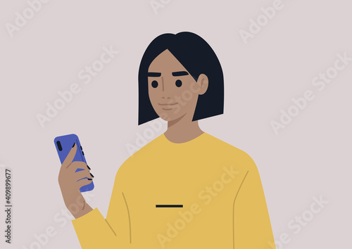 A young female character using a mobile phone, millennial daily life