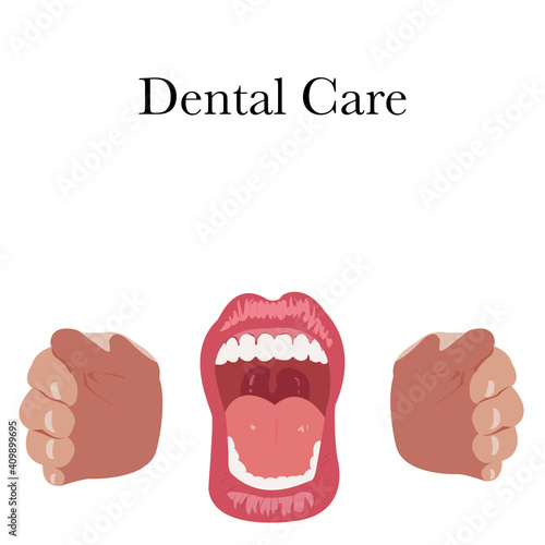 Medical healthy human tooth and hands. Open mouth  with hand protect.Dental care  concept. Dental clinic .Medical consultation app. Web healthcare dentist stomatologist vector illustration flat design