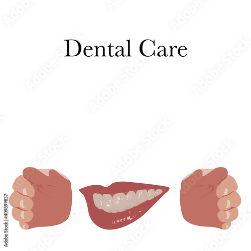 Medical healthy human tooth and hands. Smiling with hand protect.Dental care  concept. Dental clinic .Medical consultation app. Web healthcare dentist stomatologist vector illustration flat design.