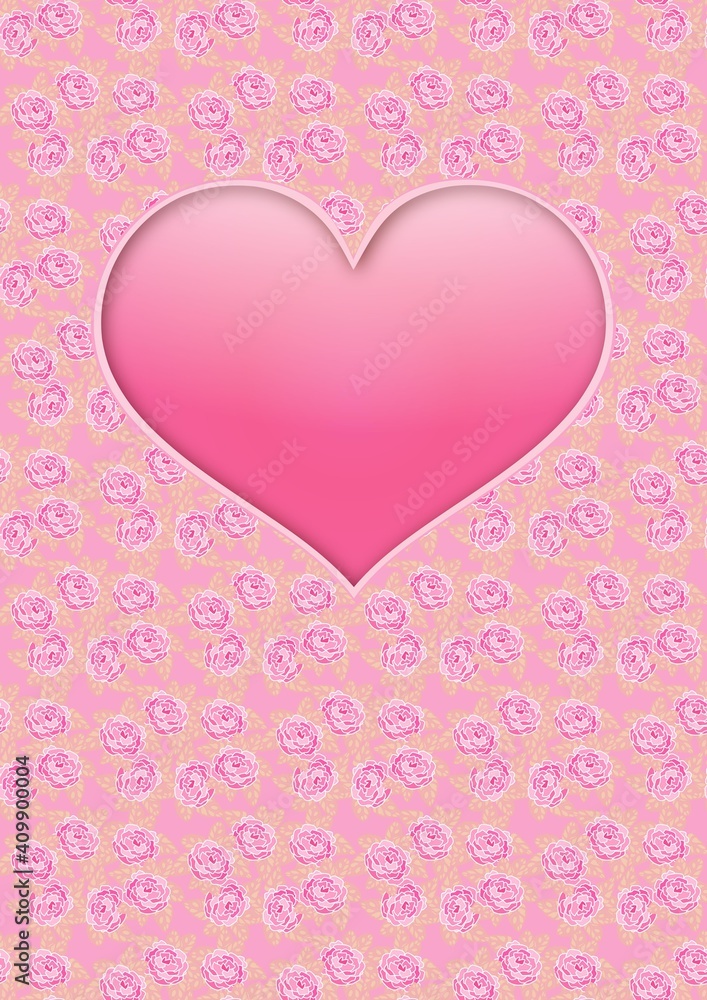 vertical colorful greeting card with a heart and roses on a pink background. a4. happy valentine's day. greeting card design. template.