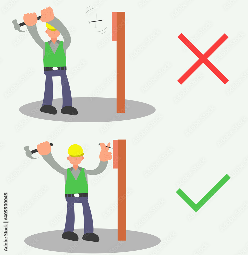 Flat design of a project worker that tells you how to use a hammer correctly
