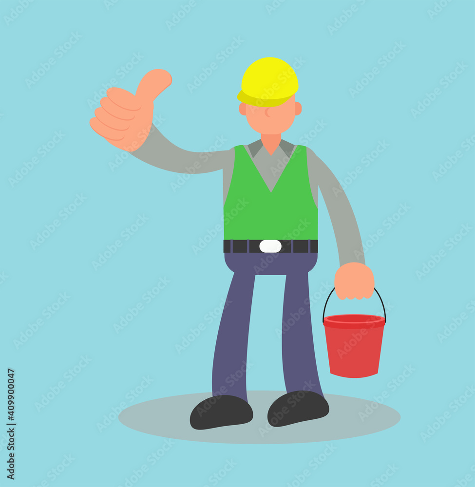 Flat design of a project worker holding a red bucket while giving a thumbs up on a light blue background
