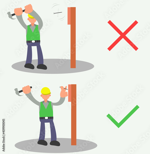 Flat design of a project worker that tells you how to use a hammer correctly
