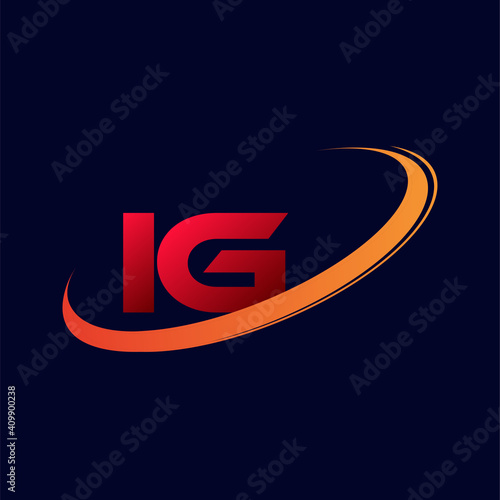 initial letter IG logotype company name colored red and orange swoosh design. isolated on dark background.