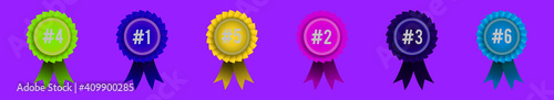 set of cockade with ribbon cartoon icon design template with various models. vector illustration isolated on purple background
