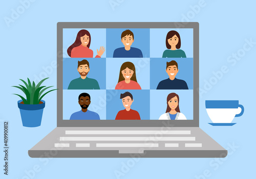 Video conference and online meeting workspace concept vector illustration. Work from home idea. Company staff on computer screen talking with colleagues.