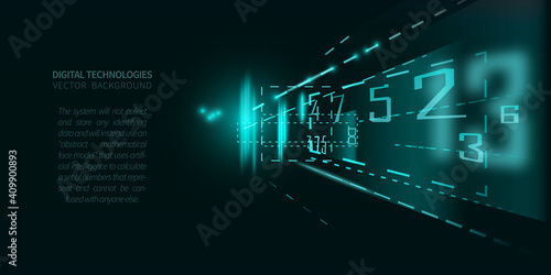 Abstract background with glowing lines and numbers on dark color, concept digital technology.