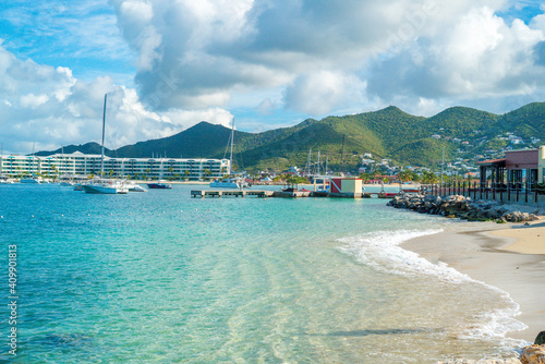The caribbean island of St.Maarten landscape and Citiscape. Pelican beach located in the Caribbean island of St Maarten. 