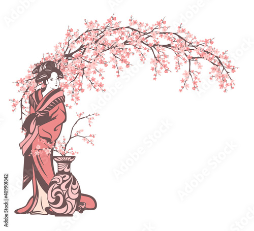 japanese geisha wearing traditional kimono clothes standing by vase with arch of blooming sakura branches - spring season vector copy space design
