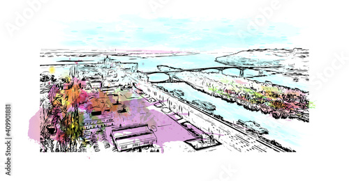 Building view with landmark of Nizhny Novgorod is the
city in Russia. Watercolor splash with hand drawn sketch illustration in vector.