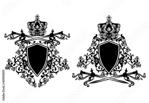 royal crown, knight sword and heraldic shield with rose flowers - black and white vector coat of arms design for empire ruler