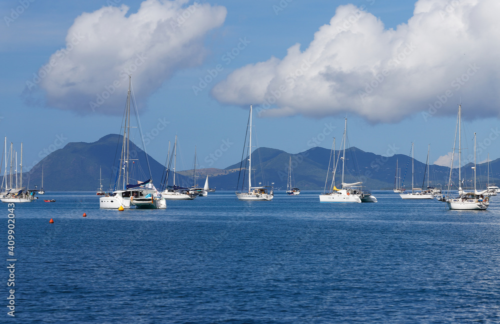 The catamaran and sailboats anchored in waters of caribbean beach.