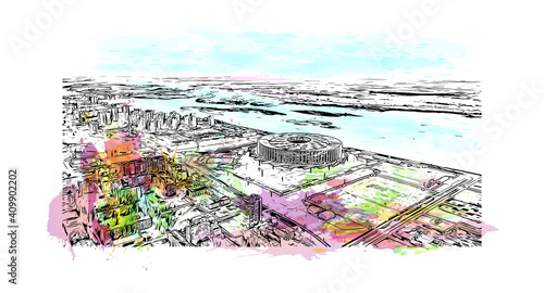 Building view with landmark of Nizhny Novgorod is the
city in Russia. Watercolor splash with hand drawn sketch illustration in vector.
