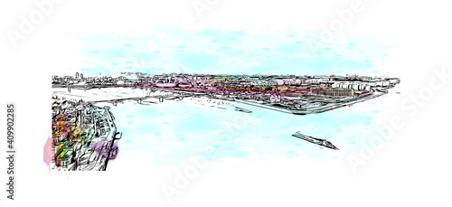 Building view with landmark of Nizhny Novgorod is the
city in Russia. Watercolor splash with hand drawn sketch illustration in vector.