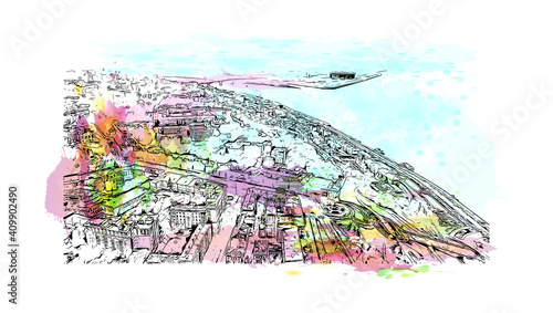 Building view with landmark of Nizhny Novgorod is the
city in Russia. Watercolor splash with hand drawn sketch illustration in vector.