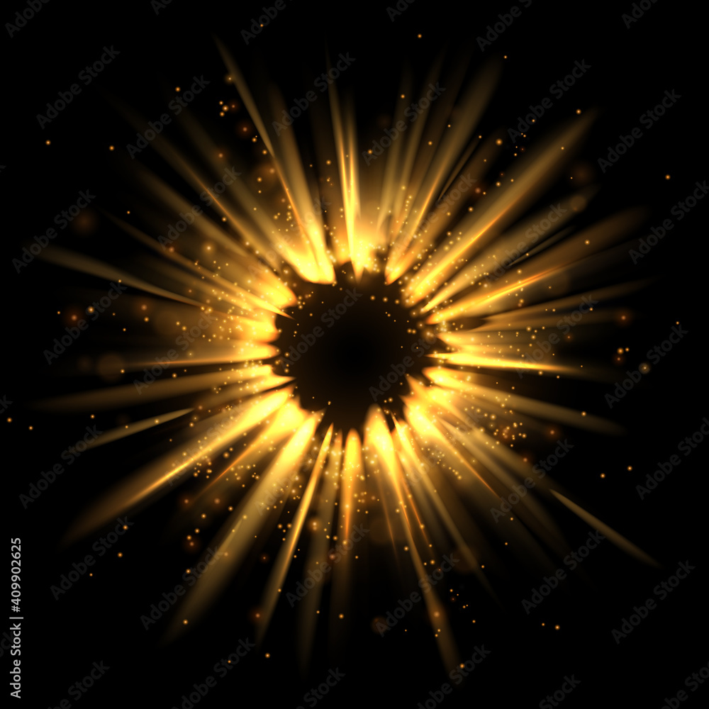 Abstract gold light exploding effect on black background