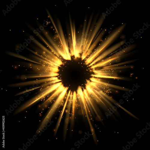 Abstract gold light exploding effect on black background