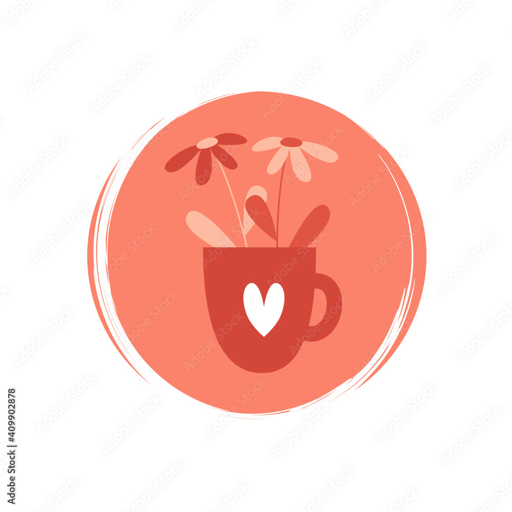 Cute logo or icon vector with daisy flower in a cup with heart, illustration on circle with brush texture, for social media story and highlights Cute logo or icon vector with daisy flower in a cup with heart, illustration on circle with brush texture, for social media story and highlights