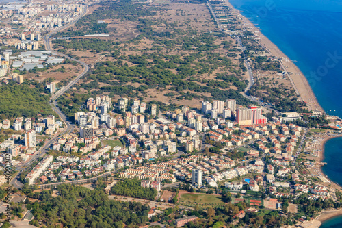 Aerial view of Antalya city and the Mediterranean sea in Turkey. View from a plane