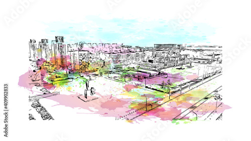 Building view with landmark of Nizhny Novgorod is the
city in Russia. Watercolor splash with hand drawn sketch illustration in vector.