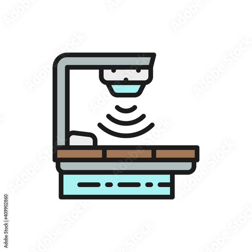 Cancer treatment device, radiation therapy, radiotherapy flat color line icon.