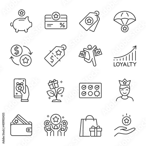 Loyalty program, icon set. Bonus card. Reward for purchases, coupons, personal discount. Line with editable stroke