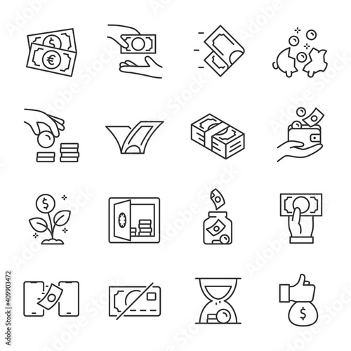Money, icon set. Using, receiving, giving, paying. Line with editable stroke