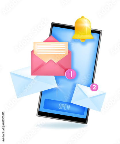 Mobile message notification, new alert vector icon, alarm or notice illustration with smartphone, bell, envelopes. Email, sms, chat reminder with phone screen, numbers. Smartphone notification logo