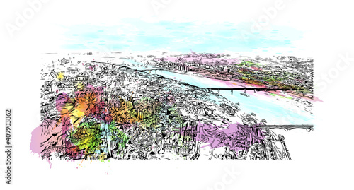 Building view with landmark of Nizhny Novgorod is the
city in Russia. Watercolor splash with hand drawn sketch illustration in vector.