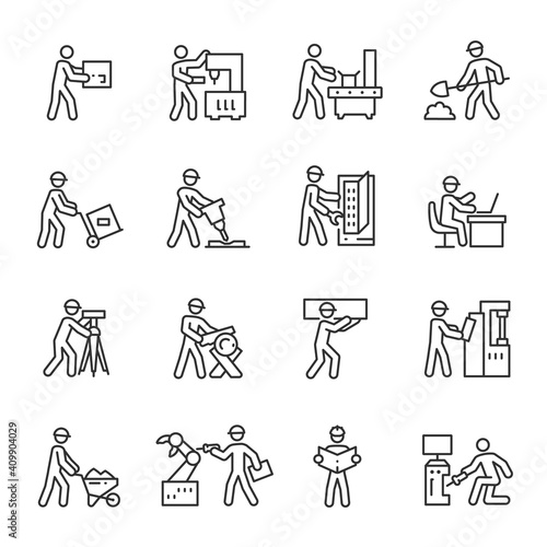 Industrial workers in a factory, icon set. engineer, loader, technician, cnc operator and more. Manufacture, building. Line with editable stroke