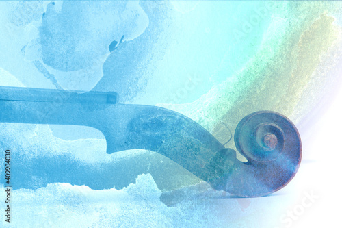 Old violin lying on the sheet of music, abstract watercolor concept