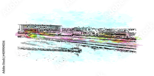 Building view with landmark of Nizhny Novgorod is the
city in Russia. Watercolor splash with hand drawn sketch illustration in vector.
