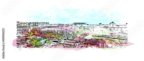 Building view with landmark of Nizhny Novgorod is the
city in Russia. Watercolor splash with hand drawn sketch illustration in vector.