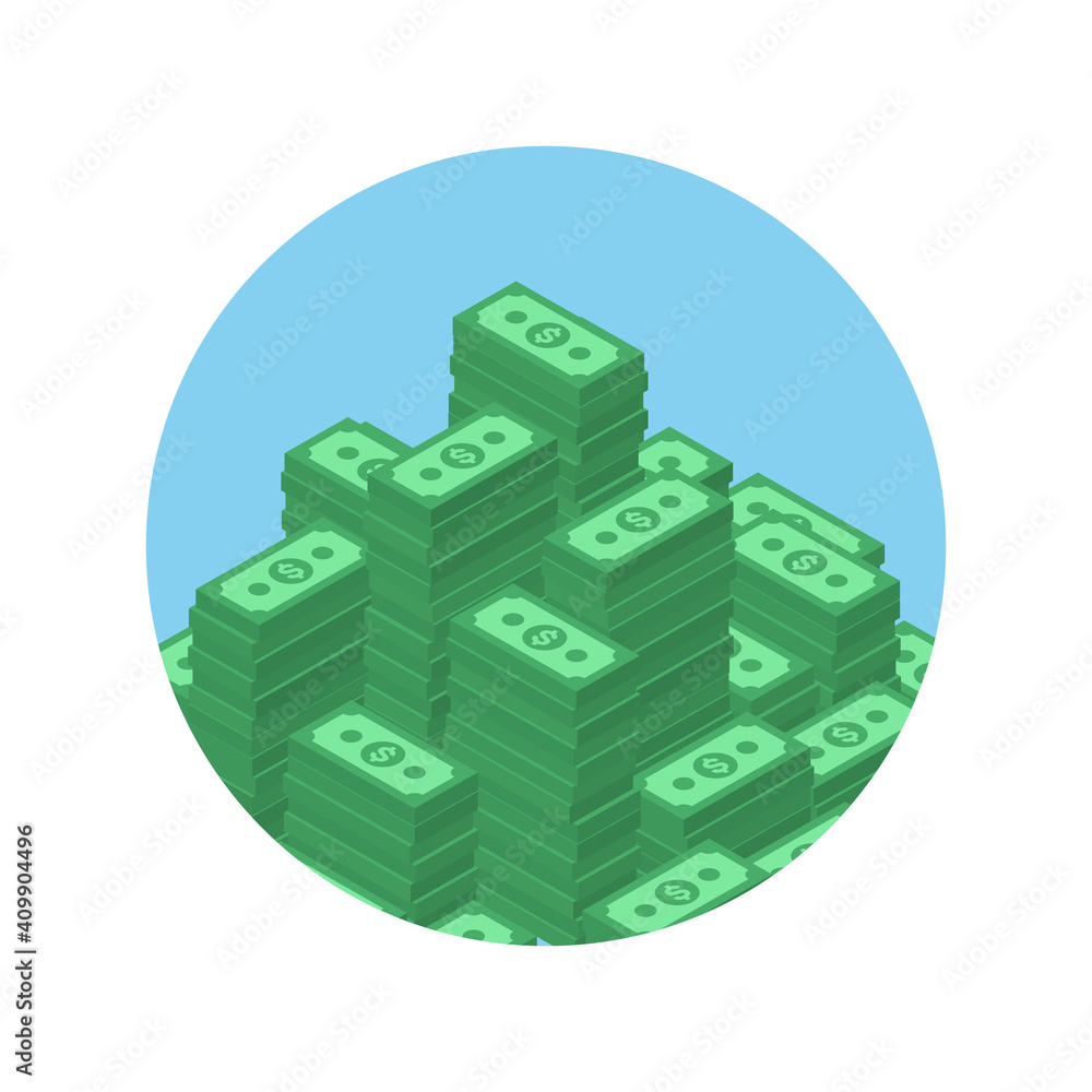 Big pile of money icon, heap of cash. American dollars, pack, parcel, batch, flock, package modern design isolated on white background in flat style. Big pile of money icon, heap of cash. American dollars, pack, parcel, batch, flock, package modern design isolated on white background in flat style.
