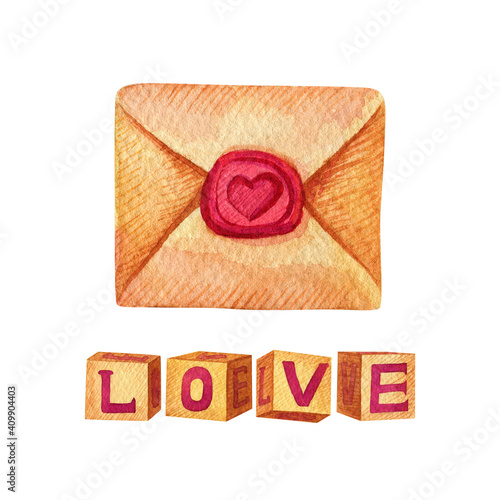 Foto Watercolor love letter. Toy blocks LOVE