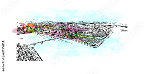 Building view with landmark of Nizhny Novgorod is the
city in Russia. Watercolor splash with hand drawn sketch illustration in vector.