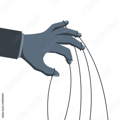 Manipulation concept. Manipulator's hand with ropes in gray. Abuse of power. Vector illustration flat cartoon. Hand of puppeteer. Control workers.