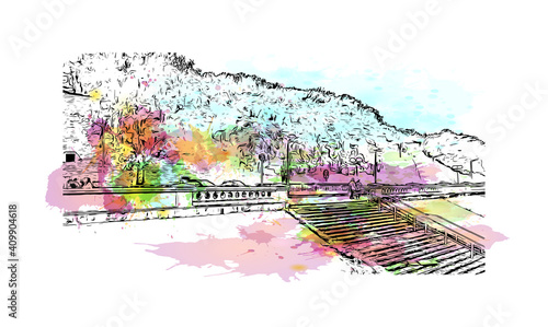 Building view with landmark of Nizhny Novgorod is the
city in Russia. Watercolor splash with hand drawn sketch illustration in vector.