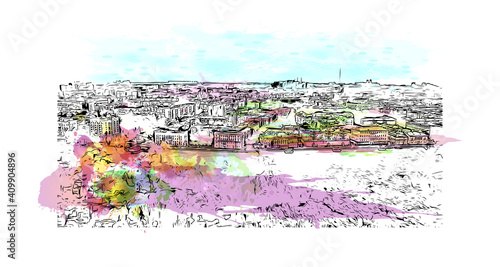 Building view with landmark of Nizhny Novgorod is the
city in Russia. Watercolor splash with hand drawn sketch illustration in vector.