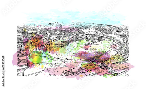 Building view with landmark of Nizhny Novgorod is the
city in Russia. Watercolor splash with hand drawn sketch illustration in vector.