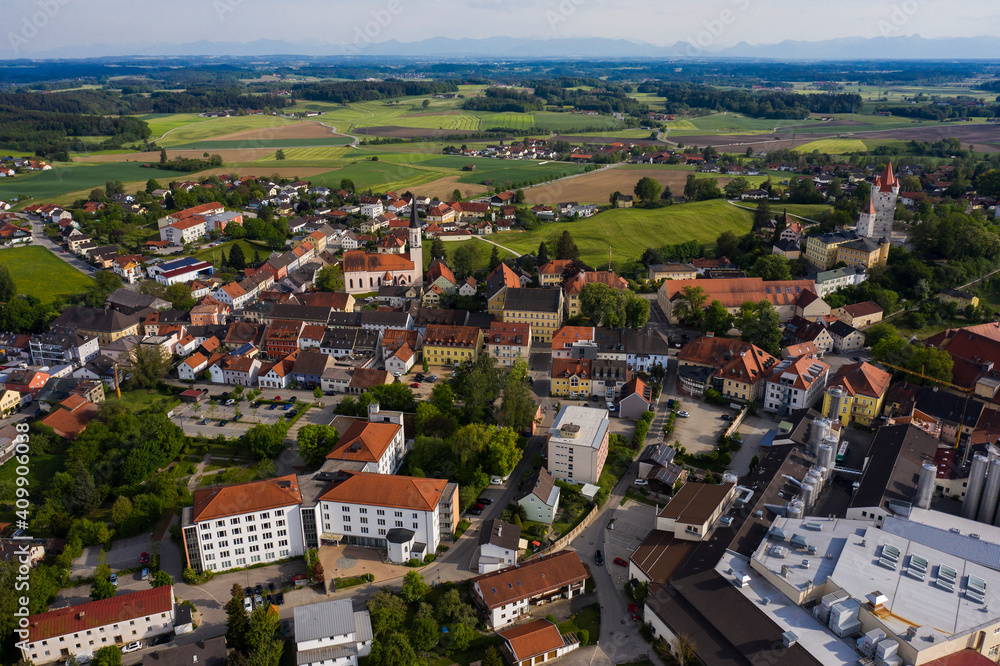 Aerial view around the city Haag in Oberbayern in Germany, Bavaria on a sunny spring day	