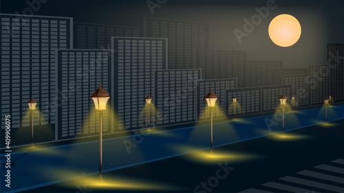 street lights on night alley in big city. Night romance of metropolis. Bright full moon in sky. Cartoon vector illustration