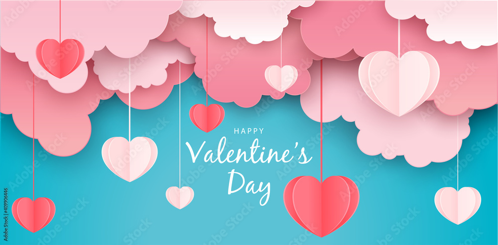 Happy valentines day greeting banner in papercut realistic style. paper hearts, clouds and pearls on string. calligraphy text Free Vector.3