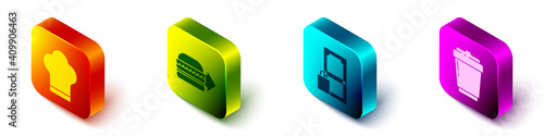 Set Isometric Chef hat, Online ordering burger delivery, Online ordering and delivery and Coffee cup to go icon. Vector.