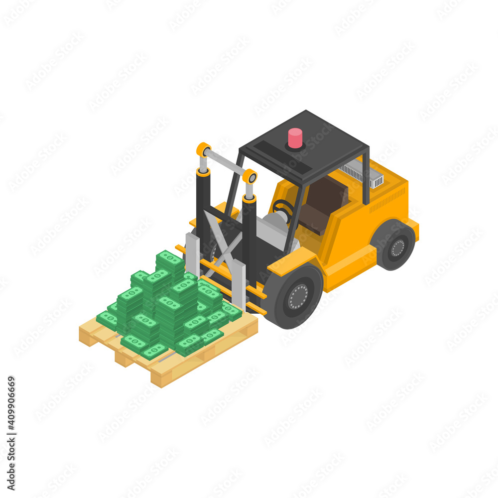 Fototapeta premium Illustration of isometric Loader with pile of coins. Business infographic concept. Big stacked pile of coin on forklift. Hundreds of dollars in flat style isometric illustration. Vector EPS 10.
