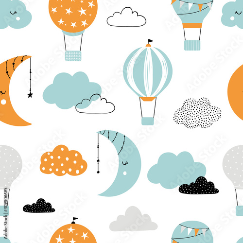 Vector hand-drawn seamless repeating children simple pattern with air balloons, clouds and moons in Scandinavian style on a white background. Kids pattern with air balloons. Funny transport.