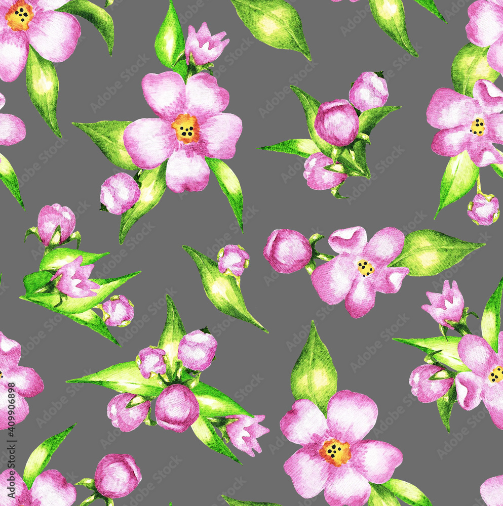 Fototapeta premium Bouquets of pink flowers. Seamless pattern. Watercolor (3)