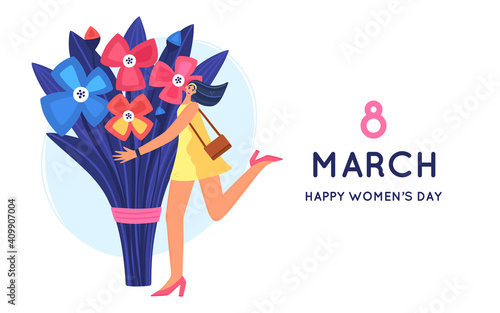 8 March. International Women's Day. Beautiful and joyful girl holding huge bouquet of flowers. Disproportionate body. Trendy character design. Spring holiday. Poster, invitation, banner. Vector