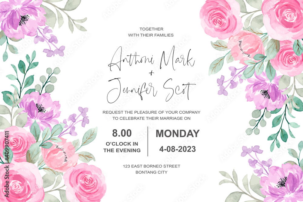 Obraz Wedding invitation card with pink purple watercolor floral
